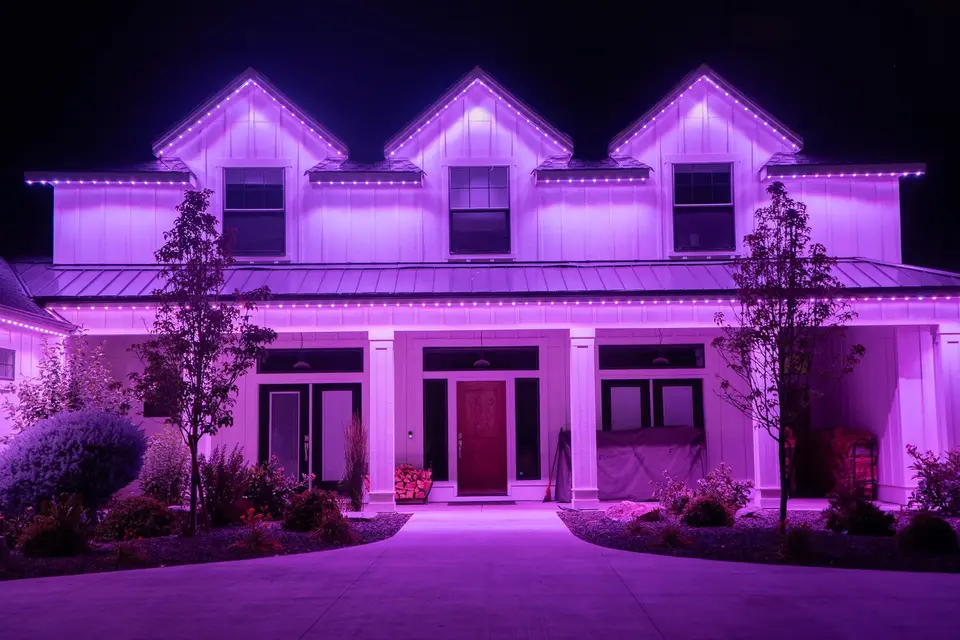 The same house from the same spot with every run set to a single violet, the board and batten front and the porch ceiling reading one even color.