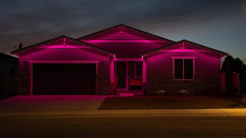 One flat magenta, washing a whole single story ranch end to end.