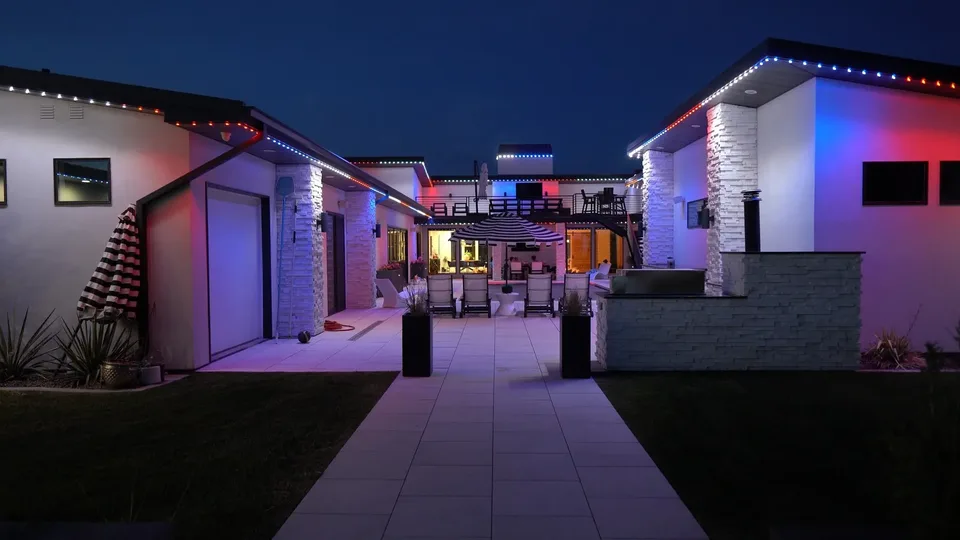 Red, white and blue across a courtyard.