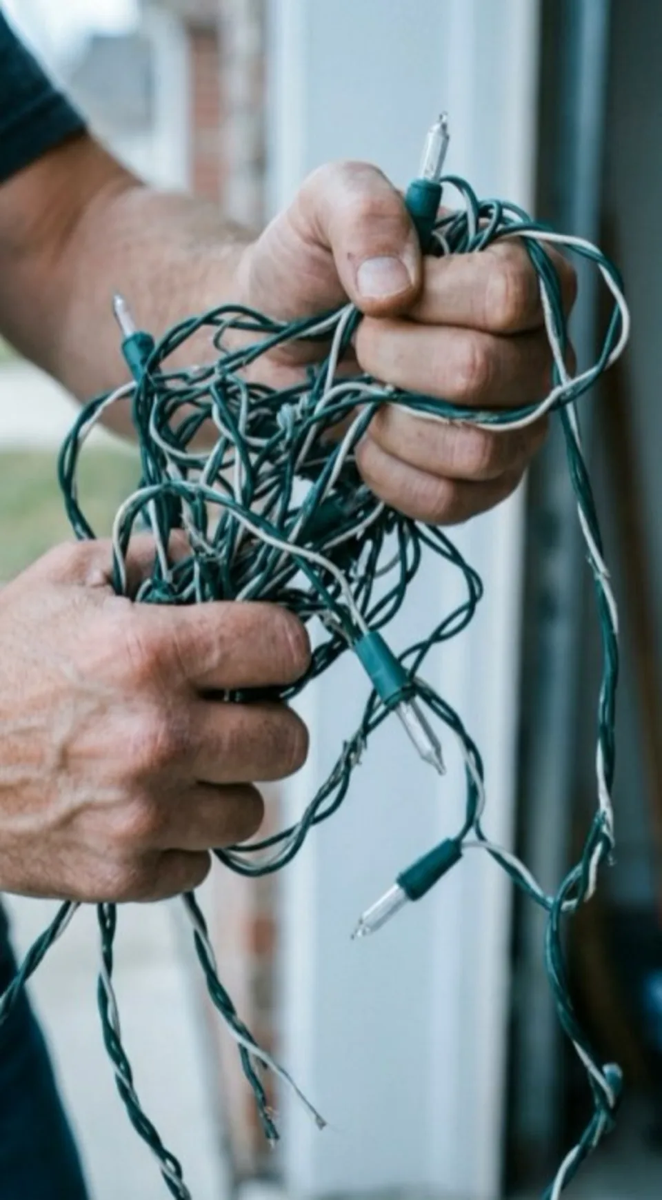 Two hands holding a knotted bundle of seasonal string lights pulled out of storage.