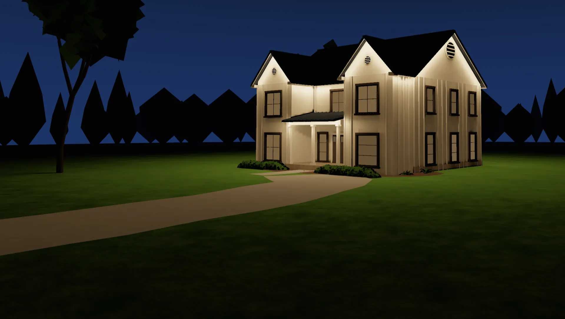 Night render of a two story farmhouse with permanent LED lighting installed along every eave, gable rake and the porch edge, the whole roofline lit in one even line.