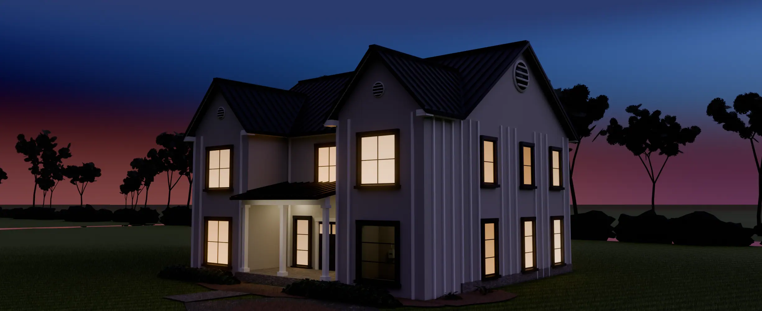 Illustration: the same farmhouse against deep indigo twilight, the unlit channel reading as a shadow line under the roof edge.
