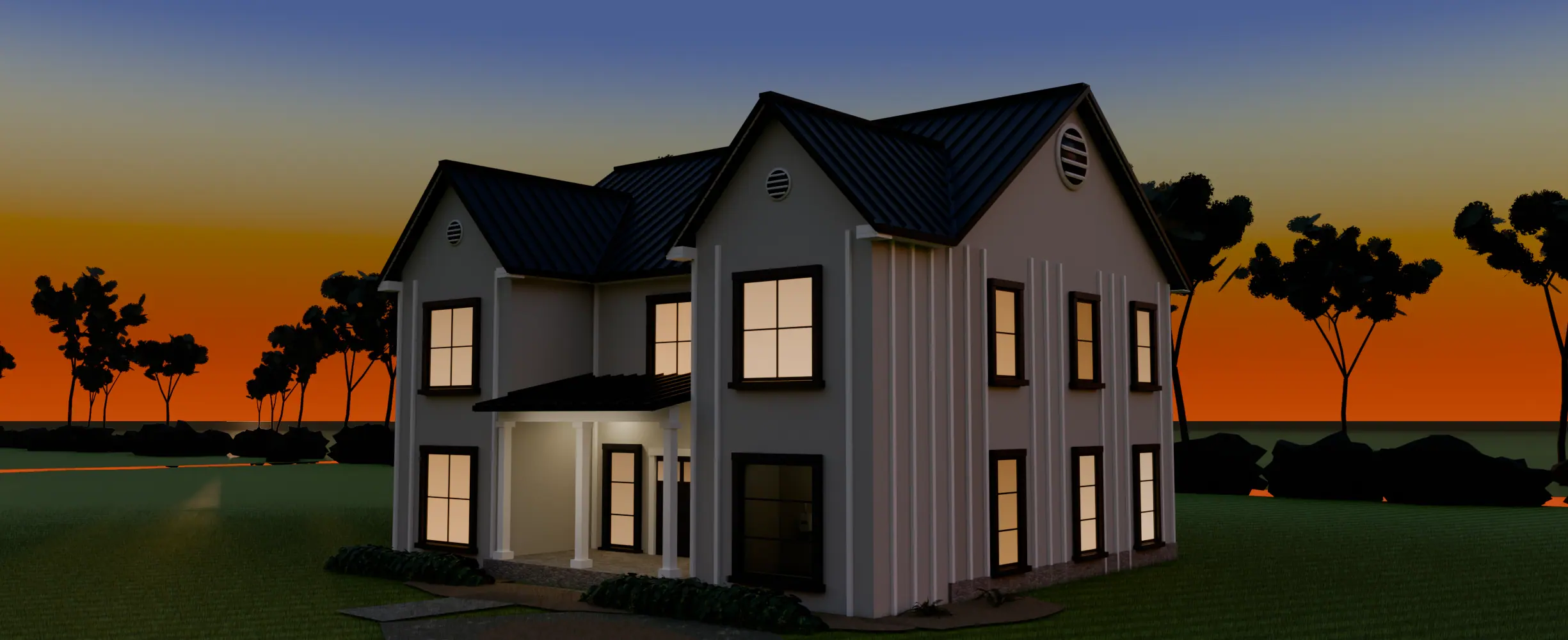 Illustration: the same farmhouse against a violet and vermilion sunset, the channel now running the full roofline, gable and eaves.