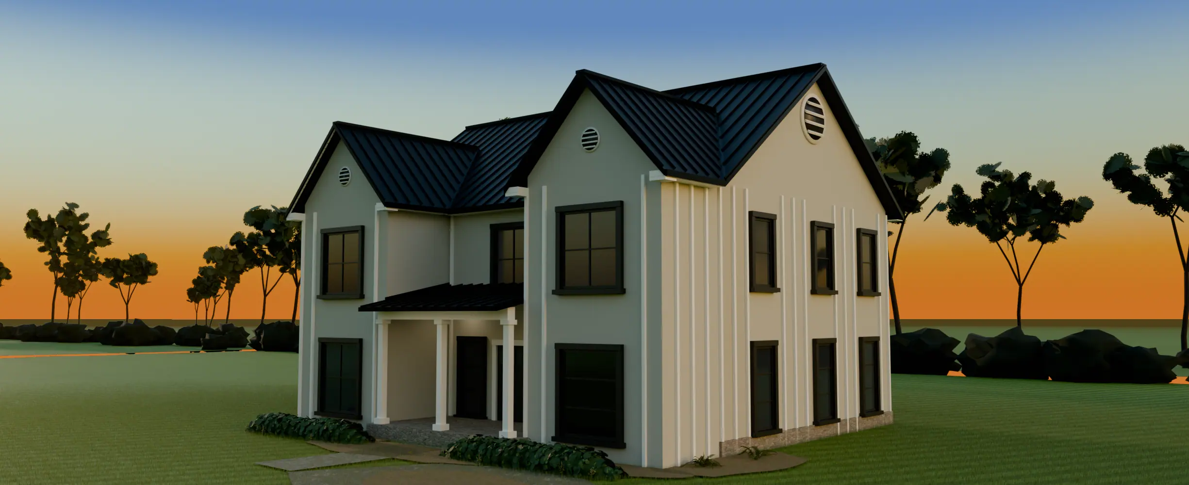 Illustration: the same farmhouse in low golden-hour light, with the channel fitted along the first sections of roofline.