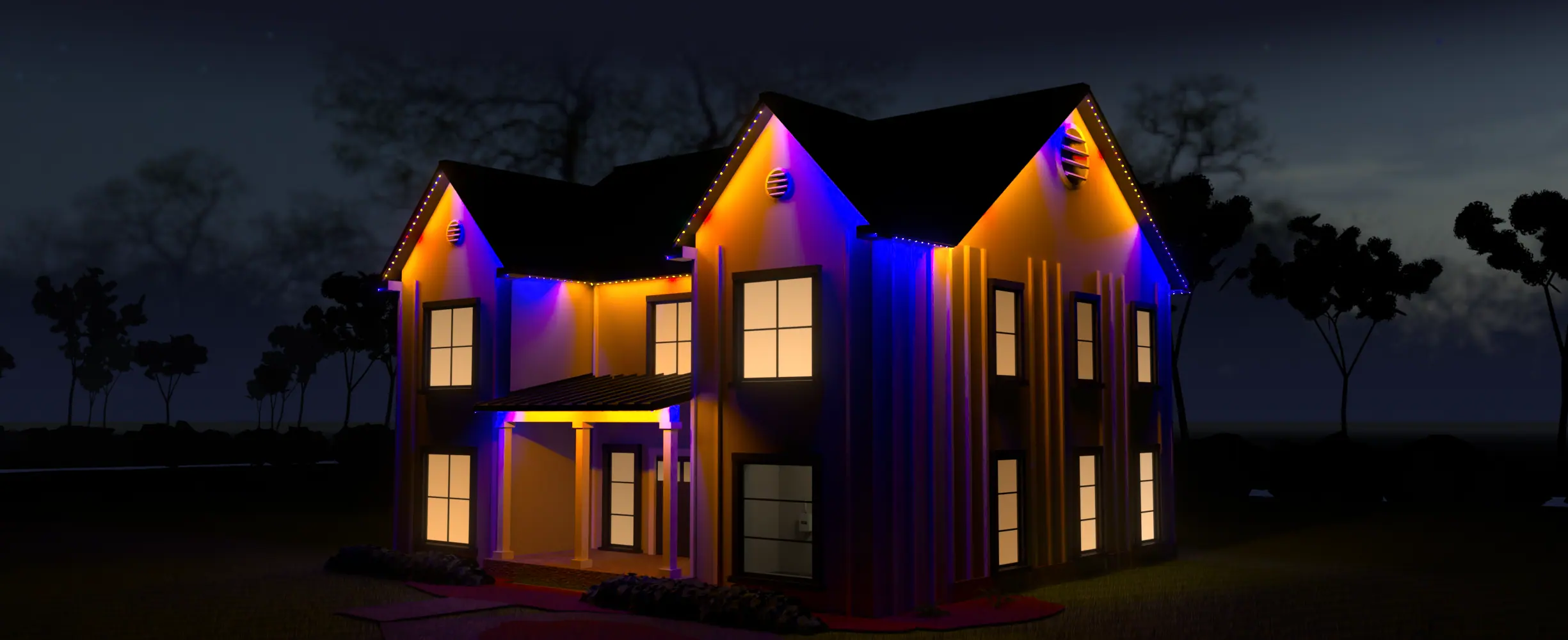 Illustration: the same farmhouse at night, its roofline, gable and eaves traced in a continuous line of alternating orange-red and violet light, with both colors washing across the gables below.