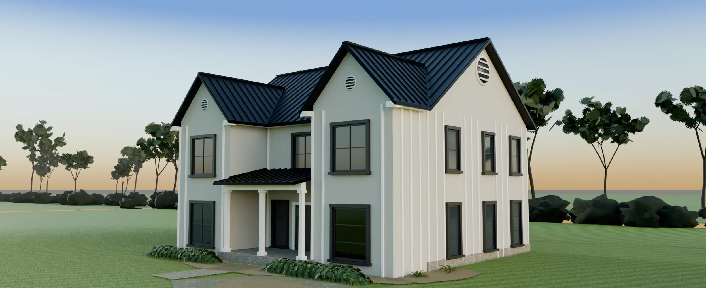 Illustration: a two-story farmhouse on a wide lot in full daylight. The lighting channel tucked under the roofline is not visible from the street.